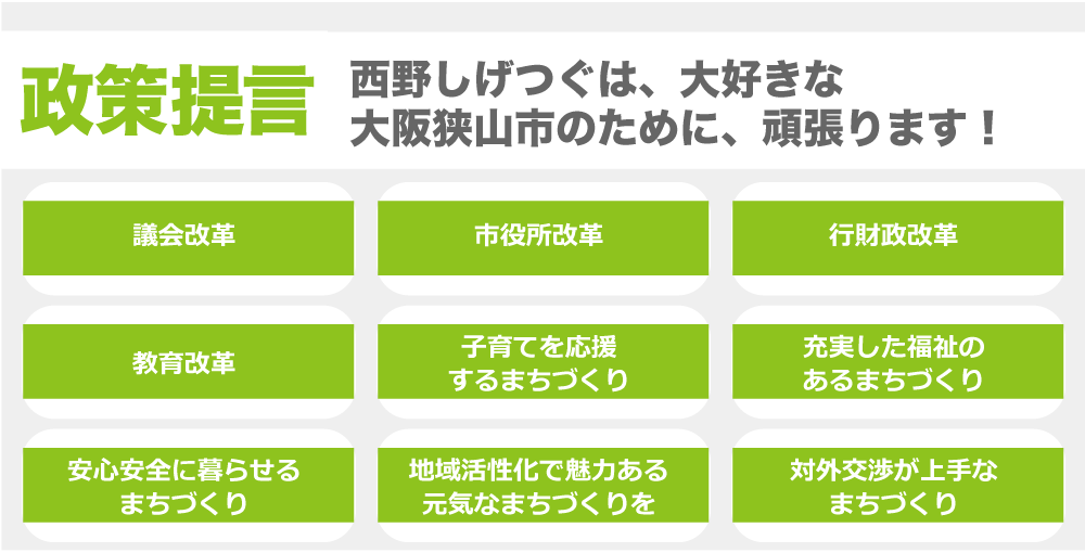 政策提言「市議会改革」、「財政・市役所改革」、「教育改革」、「医療・福祉の充実」、「子育て世代への支援」、「安心安全な生活環境の実現」